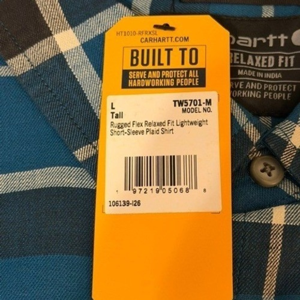 Carhartt Mens Rugged Flex Relaxed Fit Plaid Short Sleeve Shirt Blue L Tall NEW - Picture 8 of 9